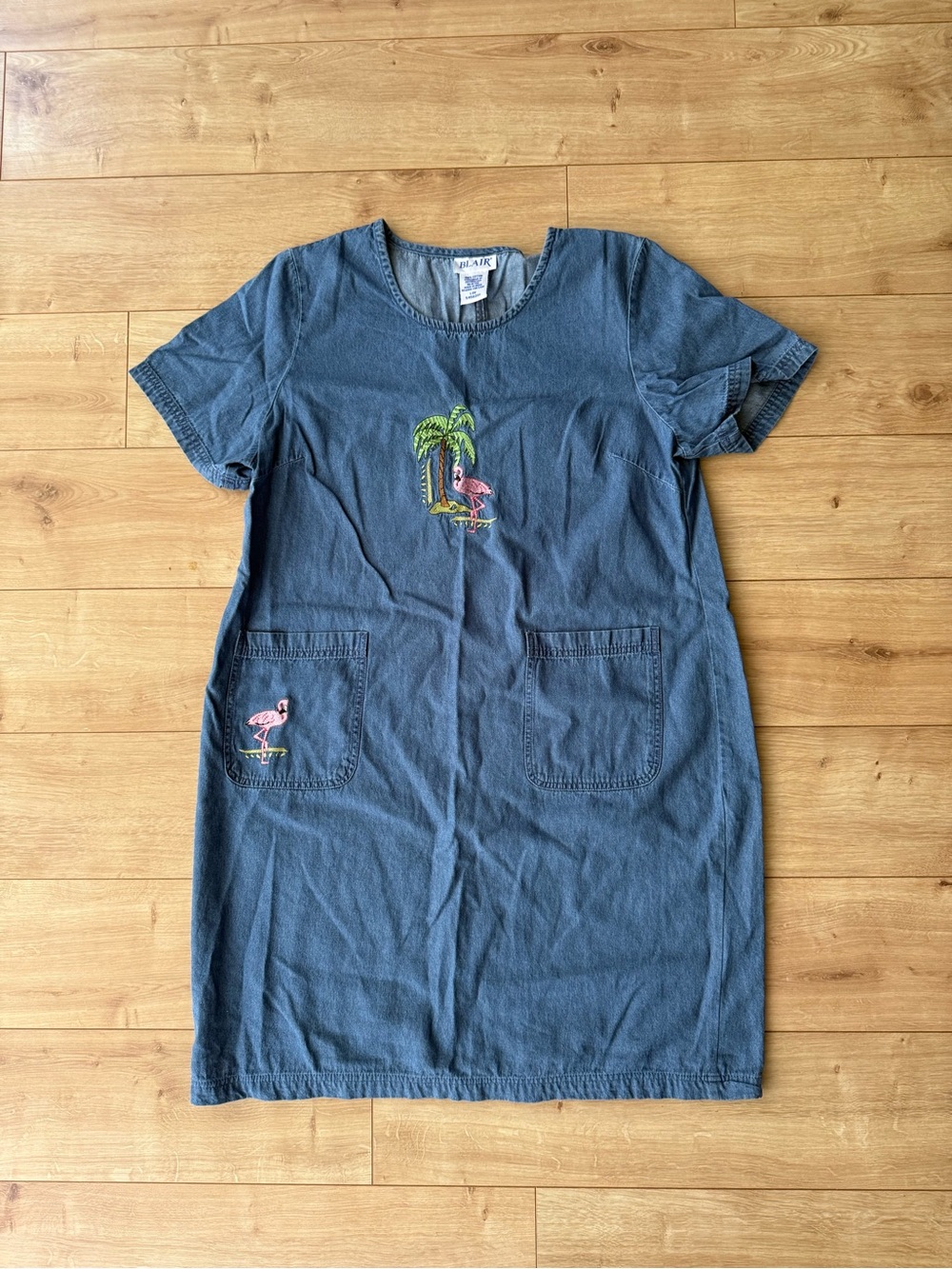 Vintage Blair Denim Flamingo Embroidered Shift Dress Cotton Coastalcore L